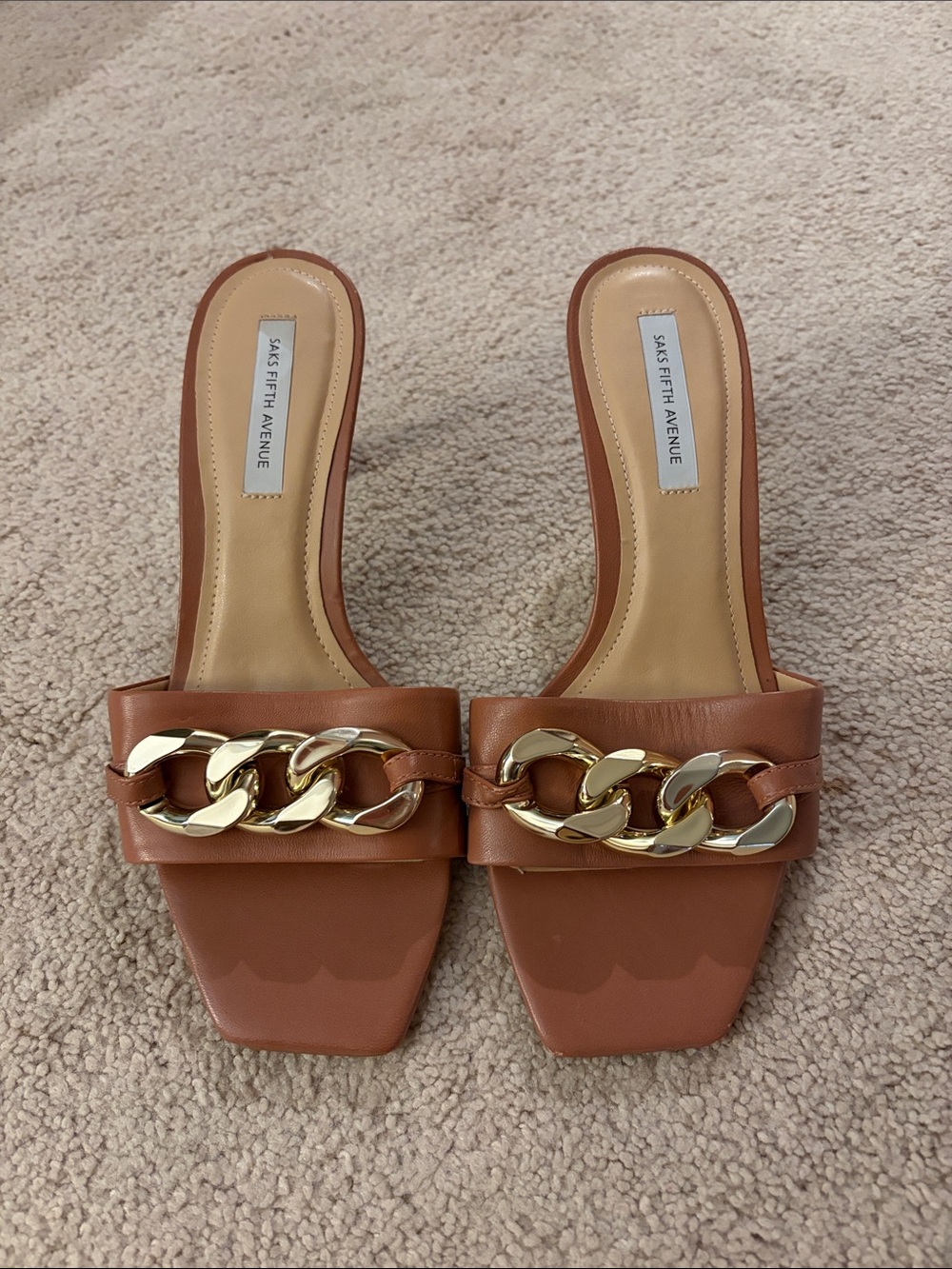 Saks Fifth Avenue pink brown Leather Chain-Accent Slide Mules